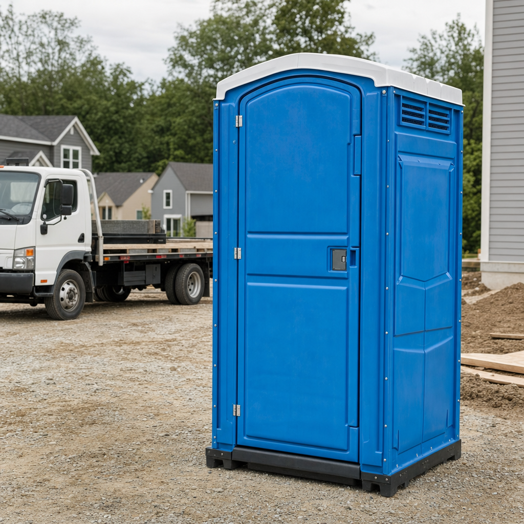 Delivery driver positioning a clean royal-blue portable toilet on level ground at a Tampa worksite