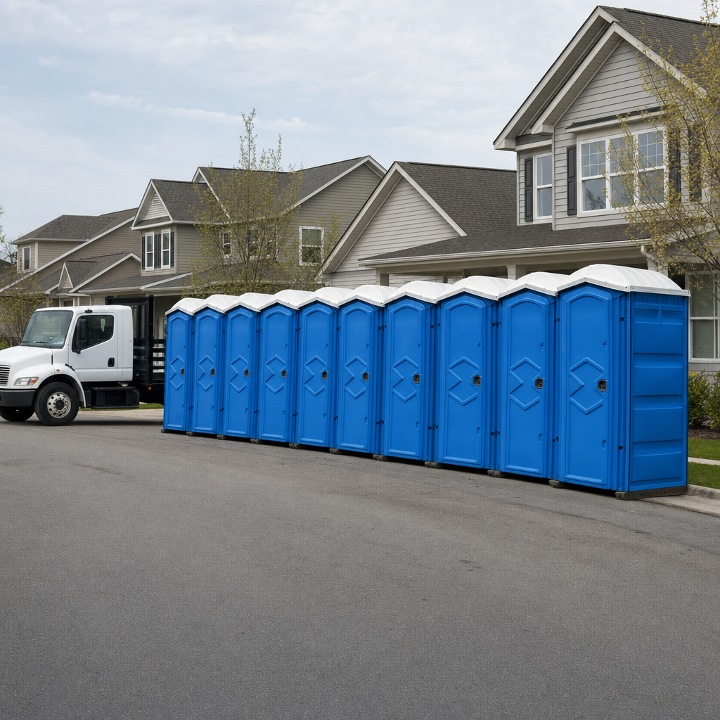 Royal blue portable toilets staged in a tidy row at a Tampa jobsite, ready for delivery